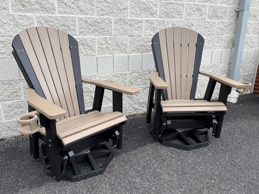 Amish Superior Swivel Adirondack Glider Set of 2 - Amish Polywood Adirondack Swivel Gliders With Cupholders - Tangent Poly - Weatherwood on Black