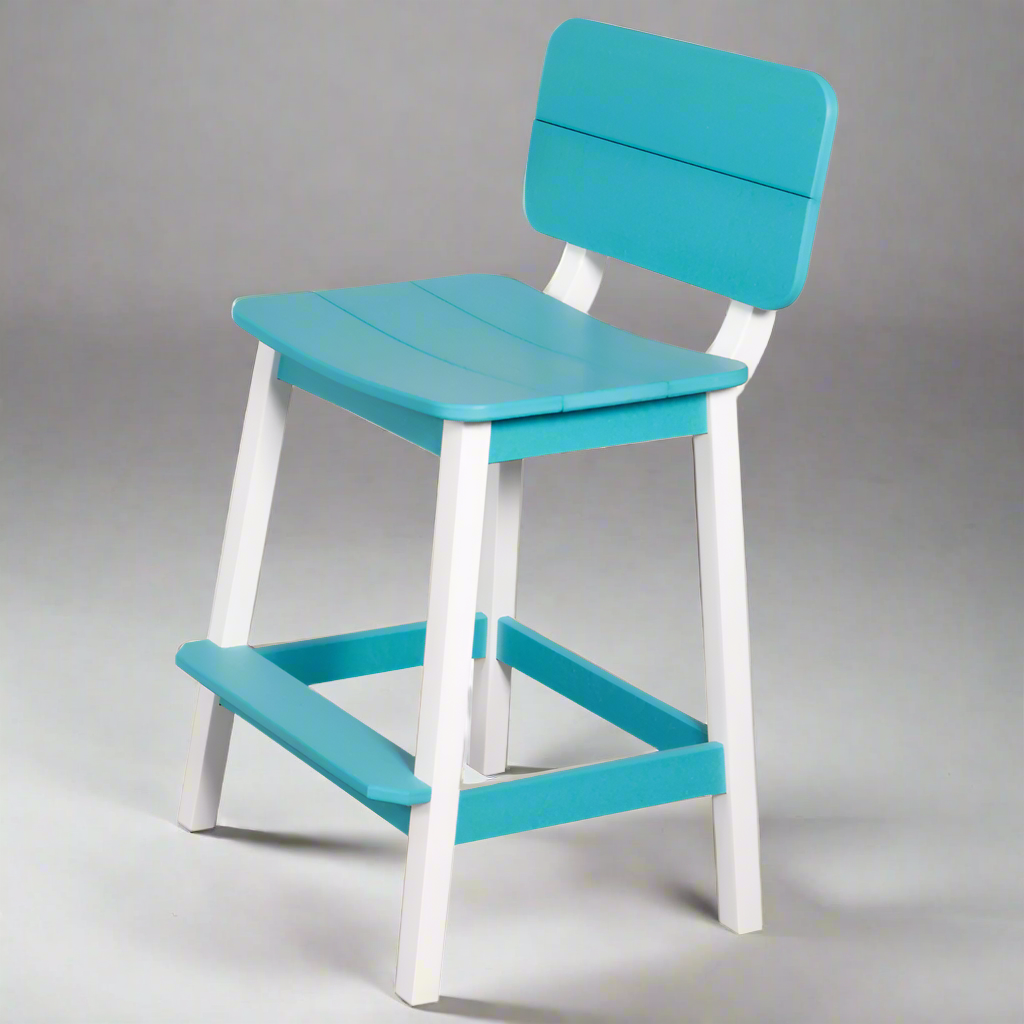Amish Surf- Aira Counter Stool w/ back - Aruba Blue on Bright White -Amish Made Poly Counter Stool