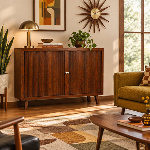 Mid-century modern wooden sideboard cabinet with vertical fluted doors, two round silver knobs, and tapered legs, shown on a white background.