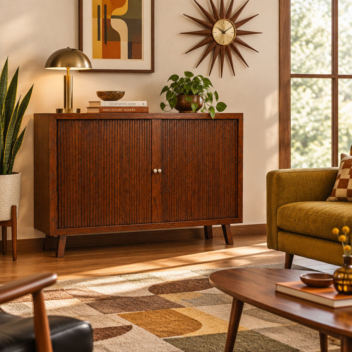 Mid-century modern wooden sideboard cabinet with vertical fluted doors, two round silver knobs, and tapered legs, shown on a white background.