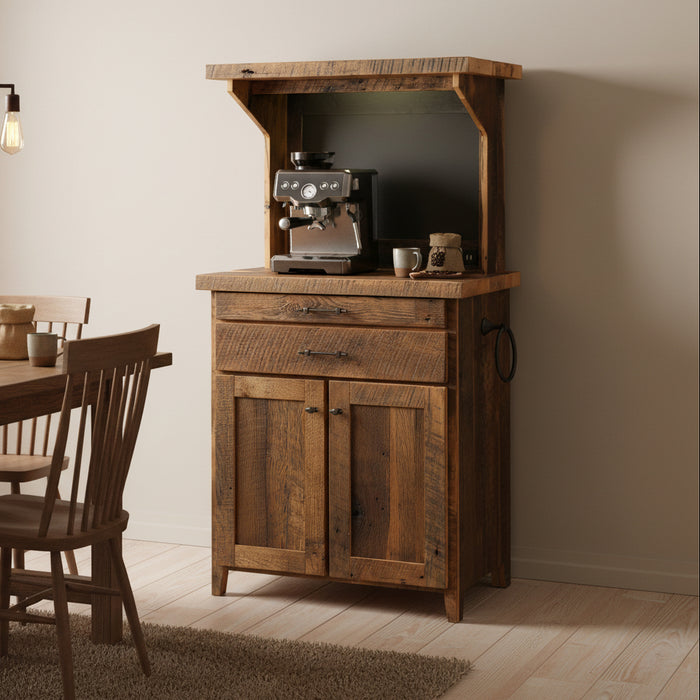Amish Timber Ridge Reclaimed Coffee Bar - Genuine Reclaimed Barnwood Coffee  - Coffee Hutch With Outlet and Mug Hangers - K-Cup Holder - Pull-out Surface - Storage Underneath - Solid Wood - Blank Background