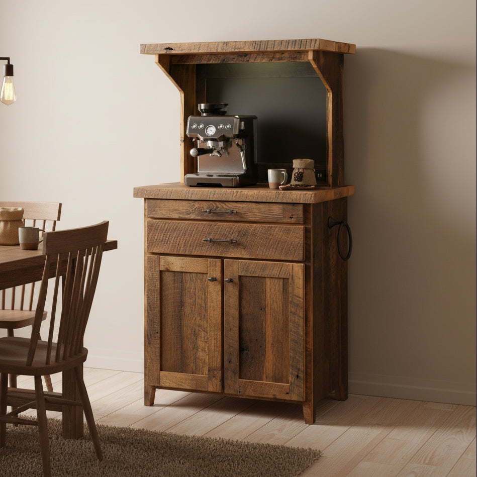Amish Timber Ridge Reclaimed Coffee Bar - Genuine Reclaimed Barnwood Coffee  - Coffee Hutch With Outlet and Mug Hangers - K-Cup Holder - Pull-out Surface - Storage Underneath - Solid Wood - Blank Background