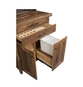 Amish Timber Ridge Reclaimed Coffee Bar - Genuine Reclaimed Barnwood Coffee  - Coffee Hutch With Outlet and Mug Hangers - K-Cup Holder - Pull-out Surface - Storage Underneath - Solid Wood - Detail Photo 2
