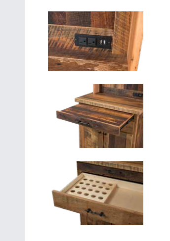 Amish Timber Ridge Reclaimed Coffee Bar - Genuine Reclaimed Barnwood Coffee  - Coffee Hutch With Outlet and Mug Hangers - K-Cup Holder - Pull-out Surface - Storage Underneath - Solid Wood - Detail Photos