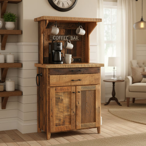 Amish Timber Ridge Reclaimed Coffee Bar - Genuine Reclaimed Barnwood Coffee  - Coffee Hutch With Outlet and Mug Hangers - K-Cup Holder - Pull-out Surface - Storage Underneath - Solid Wood - In-Room