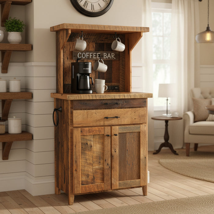 Amish Timber Ridge Reclaimed Coffee Bar - Genuine Reclaimed Barnwood Coffee  - Coffee Hutch With Outlet and Mug Hangers - K-Cup Holder - Pull-out Surface - Storage Underneath - Solid Wood - In-Room