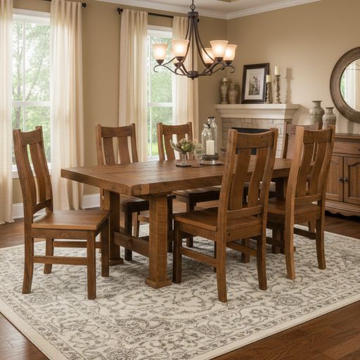 Amish Timberland Reclaimed Barnwood Dining Set - 3" Thick Table Top - Breadboard Ends & Plank Top - Farmhouse Amish Dining Set