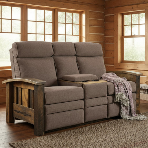 Amish Tiverton Reclaimed Barnwood Recliner Sofa w/ Center Console - Genuine Reclaimed Barnwood - Quality Fabrications - Commercial Background