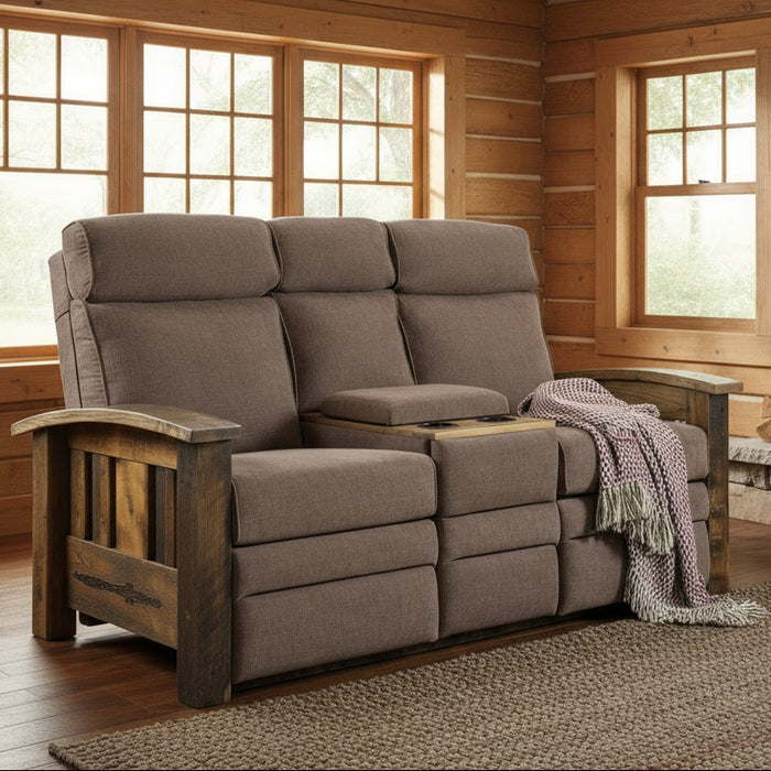 Amish Tiverton Reclaimed Barnwood Recliner Sofa w/ Center Console - Genuine Reclaimed Barnwood - Quality Fabrications - Commercial Background