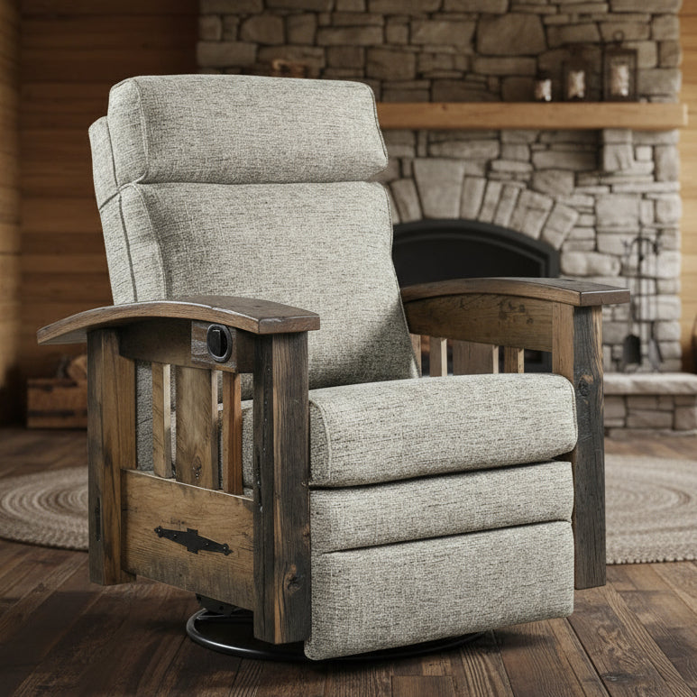 Amish Tiverton Reclaimed Barnwood Swivel Glider Recliner  - Genuine Reclaimed Barnwood - Quality Fabrications - Commercial Photo
