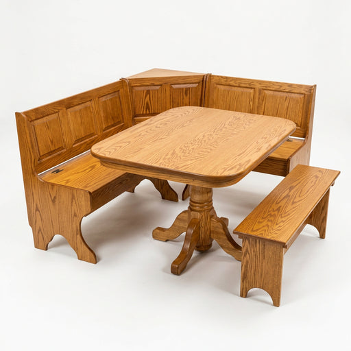 A wooden corner booth table set with a round pedestal table, a bench on the left, and a separate bench on the right, shown on a plain white background.