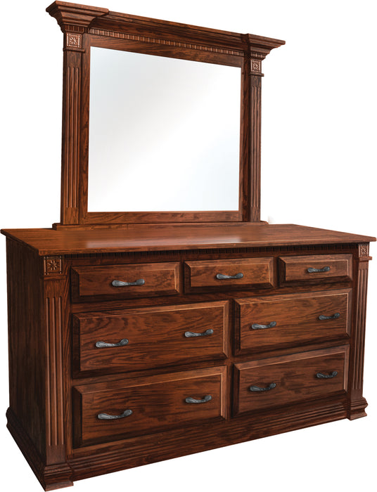 Amish Traditional Low 7-drawer dresser with mirror in S-14 Cherry Stain