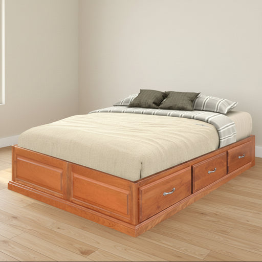 Wooden bed with storage drawers on a gray background