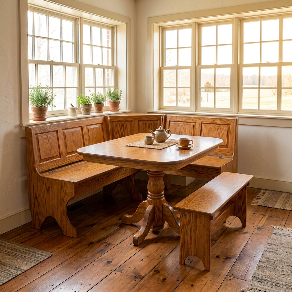 A wooden corner booth set with a matching pedestal table, featuring a warm medium-brown oak finish and built-in benches on a white studio background.
