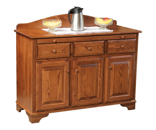 Amish Traditional Server
-Hardware: 1.25" Wood Knobs
1 Adjustable Wood Shelf in Base
Pull Out Server Tray
Sliver ware Drawer (Middle Drawer)
Lined Sliver ware Drawer (Available Felt Colors are Red, Green, Black and Brown