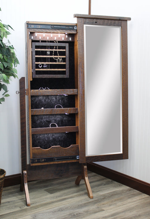 Amish Traditional Shaker Jewelry Cheval Mirror
- Sliding Mirror (Slides To The Right Standard)
- Hinged Earring Door (Not Shown)
- 11 Hook Necklace Board
- 1st Shelf: 3 Ring Slots
- 2nd Shelf: 3 Dividers
- 3rd Shelf: 4 Dividers
- Bottom Shelf: 1 Divider