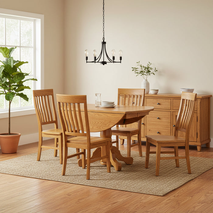 Amish Traditional Single Pedestal Drop Leaf Table - Amish Round Drop Leaf Table - Amish Solid Oak Drop Leaf Table - Honey Oak Amish Table - In-Room Photo