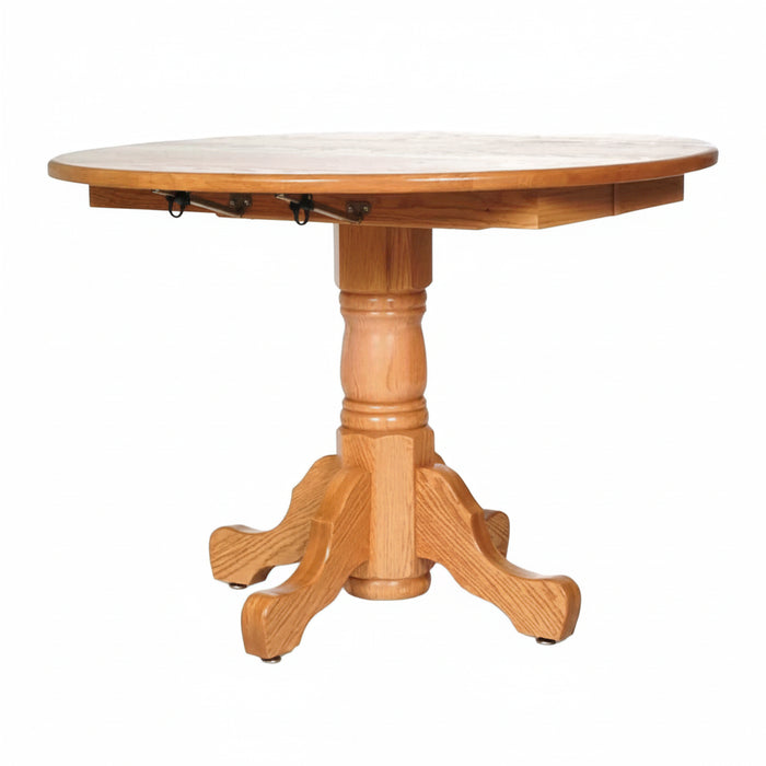 Amish Traditional Single Pedestal Drop Leaf Table - Amish Round Drop Leaf Table - Amish Solid Oak Drop Leaf Table - Honey Oak Amish Table - Leaves Up Photo