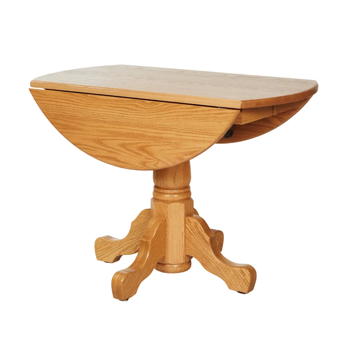 Amish Traditional Single Pedestal Drop Leaf Table - Amish Round Drop Leaf Table - Amish Solid Oak Drop Leaf Table - Honey Oak Amish Table