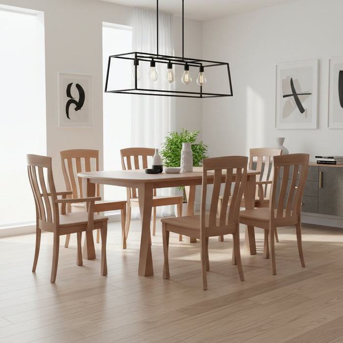Wooden dining table with six matching chairs Twisted Leg Style on a light gray background