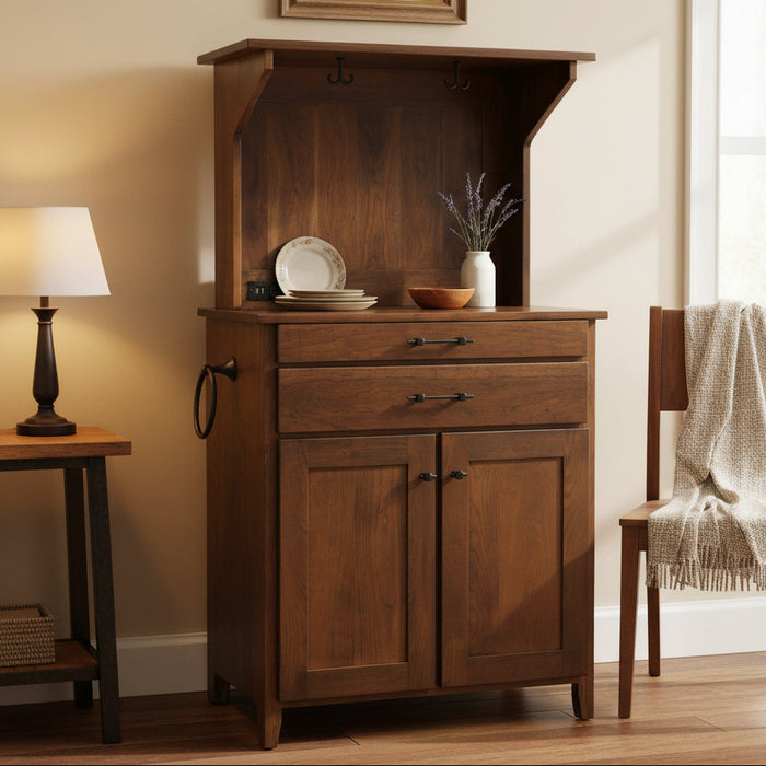 Amish Urban Coffee Bar - Coffee Hutch With Outlet and Mug Hangers - K-Cup Holder - Pull-out Surface - Storage Underneath - Solid Wood