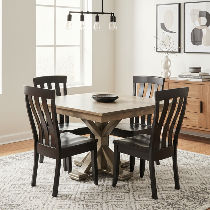 Amish Urbana Single Pedestal Dining Set - Black Chairs and Grey Table - 4 Chairs - Solid Brown Maple