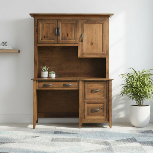 Amish Ventura Single Pedestal Desk with Hutch Top Modern Style Amish Small Desk