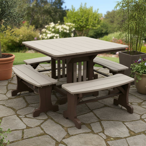 Levi Leisure 44" Square Table with 42" Curved Benches Amish Poly Square Picnic Table with Benches Front Facing