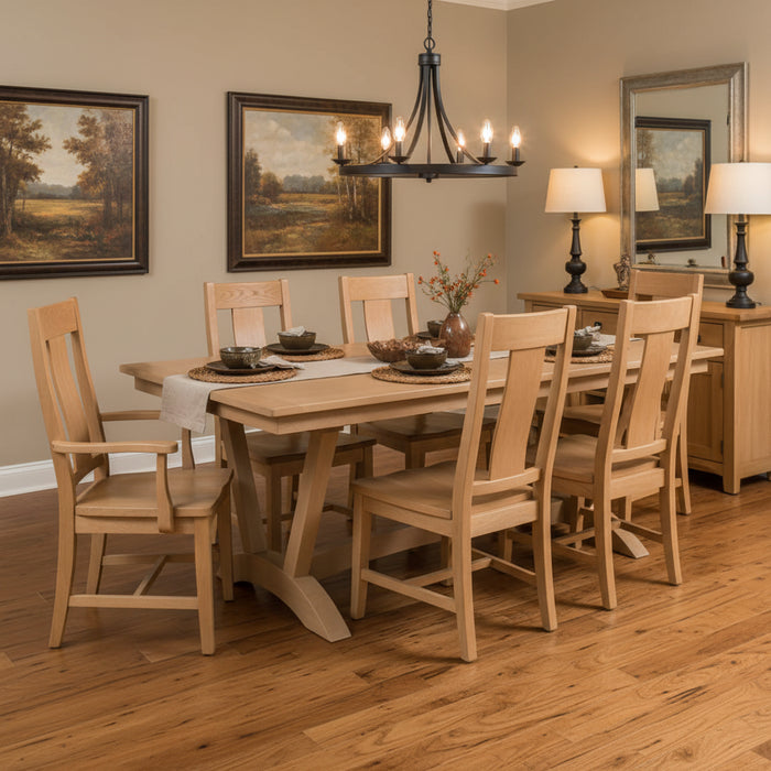 Amish Waldo Double Pedestal Dining Table - Brown Maple - OCS-138 Latte - Amish Trestle Base Table - In-Room Photo