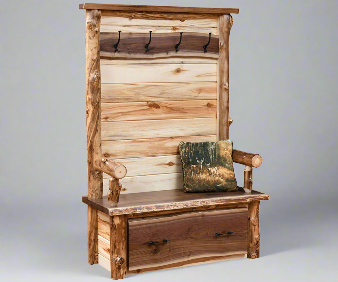 Amish Walnut Live Edge Hall Seat with Aspen Log Frame Quad M Rustics Yellow Stone Hall Bench with Walnut Accents