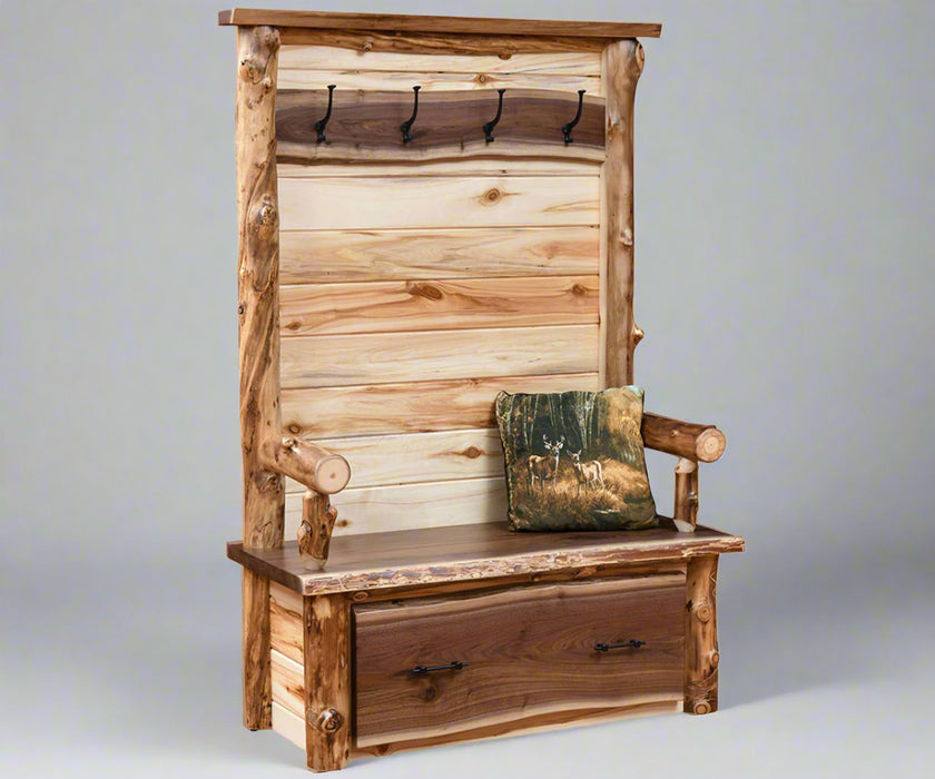 Amish Walnut Live Edge Hall Seat with Aspen Log Frame Quad M Rustics Yellow Stone Hall Bench with Walnut Accents