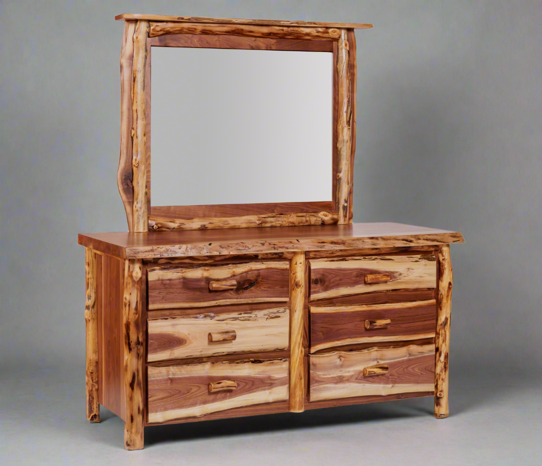 Amish Walnut Live Edge Log Dresser With Mirror 6-Drawer- Live Edge Walnut - Colorado Aspen - Dresser Only Photo