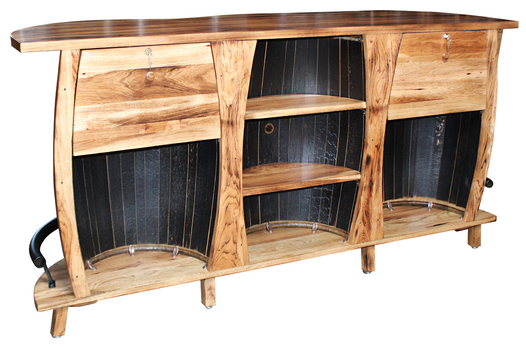 3 Barrel Whiskey Barrel Bar Backside with Storage and Liquor Cabinet Amish Made Front Facing