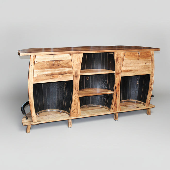 3 Barrel Whiskey Barrel Bar Backside with Storage and Liquor Cabinet Amish Made Front Facing