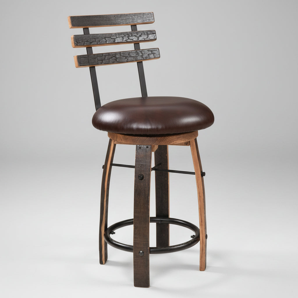 Whiskey Barrel Bar Stool with Upholstered Swivel Seat Amish Made Front Facing
