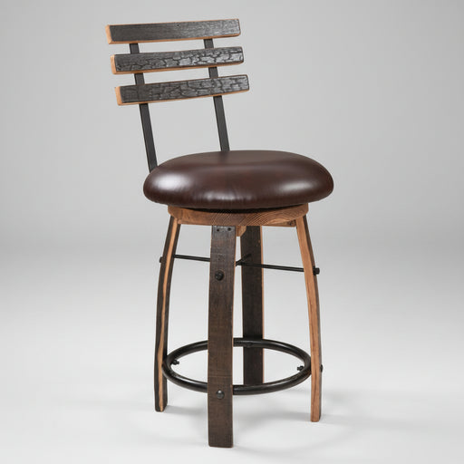 Whiskey Barrel Bar Stool with Upholstered Swivel Seat Amish Made Front Facing