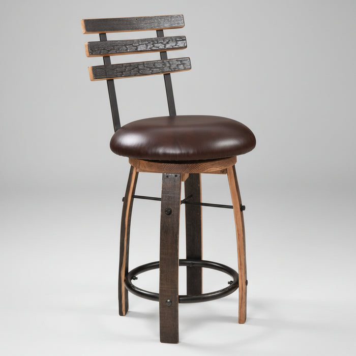 Whiskey Barrel Bar Stool with Upholstered Swivel Seat Amish Made Front Facing