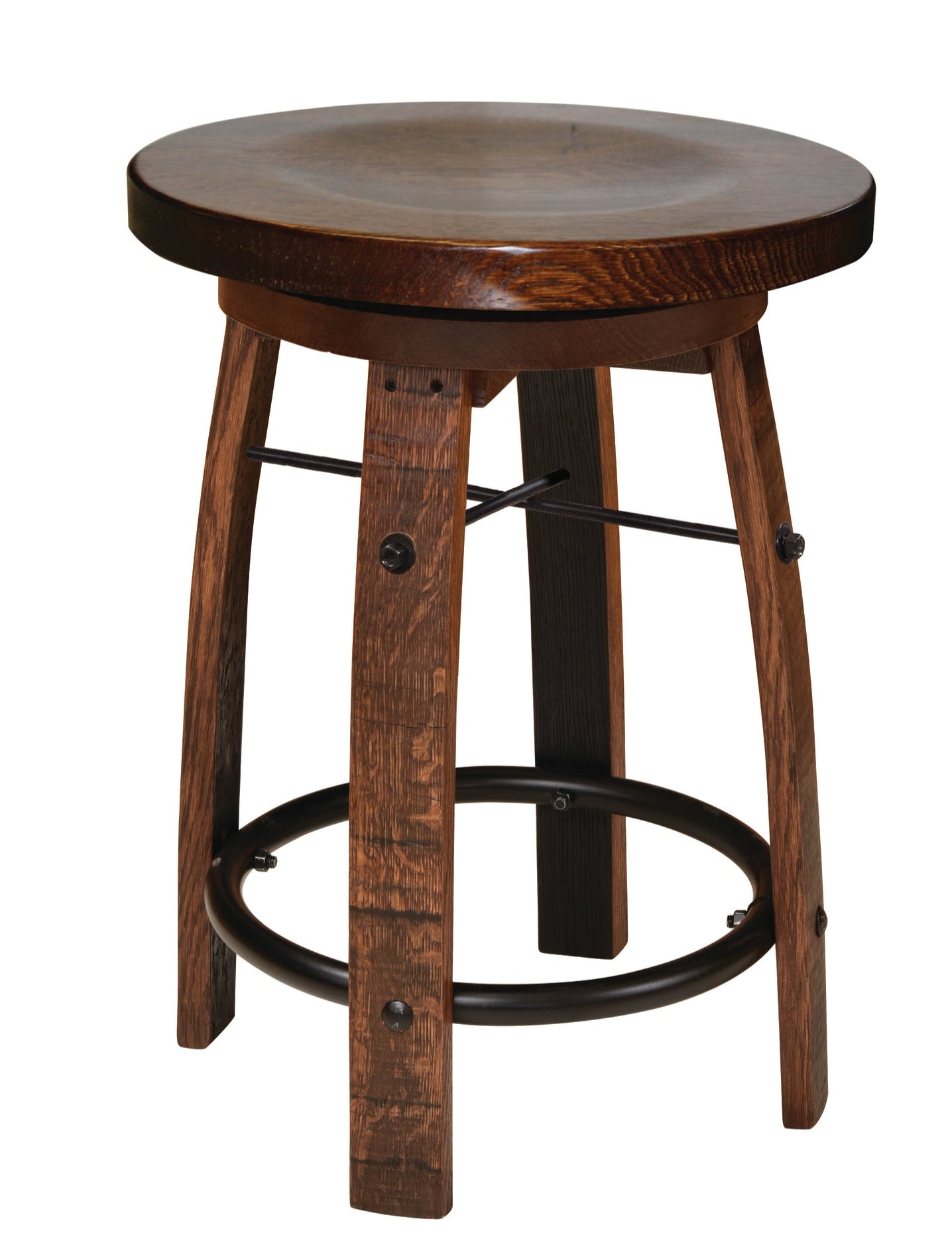 Whiskey Barrel Bar Stool with Wooden Swivel Seat Amish Made Front Facing