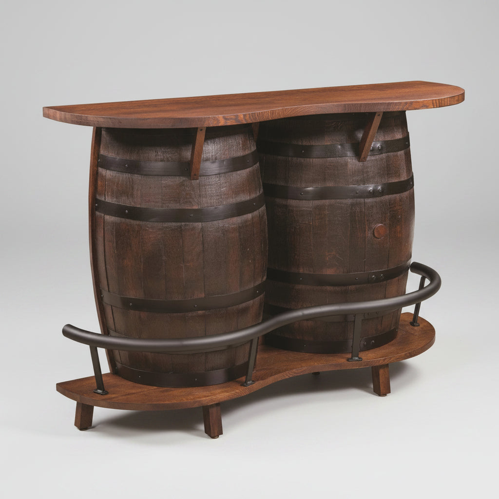 Whiskey Barrel Home Bar Metal Foot Rest and Storage Behind Bar Amish Made Front Facing