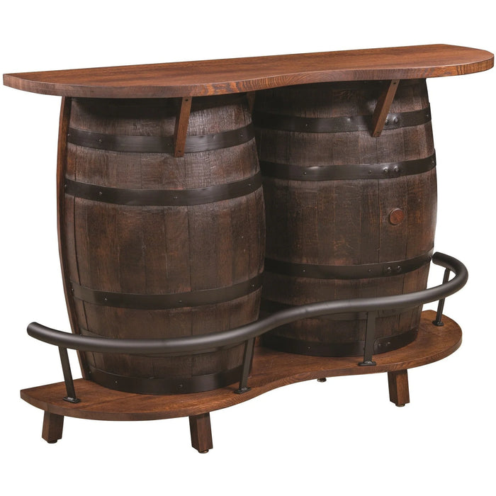 Whiskey Barrel Home Bar Metal Foot Rest and Storage Behind Bar Amish Made Front Facing