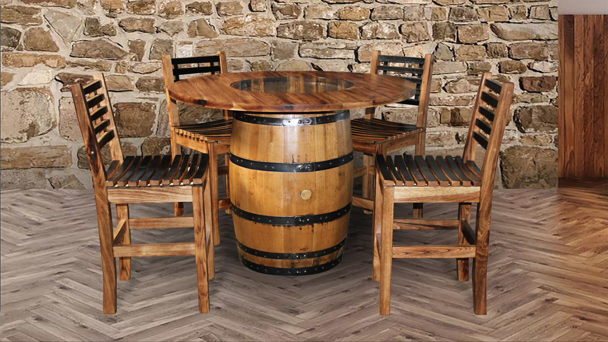 Burnt Hickory Whiskey Barrel Pub Table with Barrel Stave Bar Chairs Amish Made Front Facing