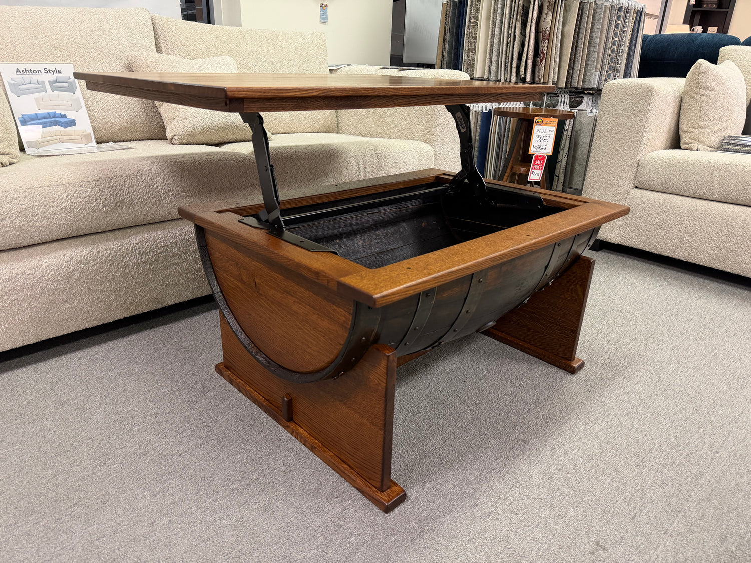 Amish Whiskey Barrel Coffee Table with Lift Top Quarter Sawn White Oak OCS 113 Michaels Stain