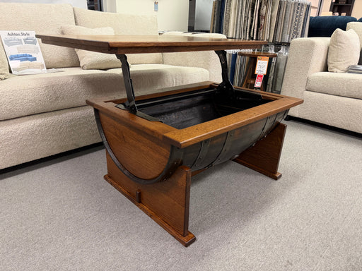 Amish Whiskey Barrel Coffee Table with Lift Top Quarter Sawn White Oak OCS 113 Michaels Stain