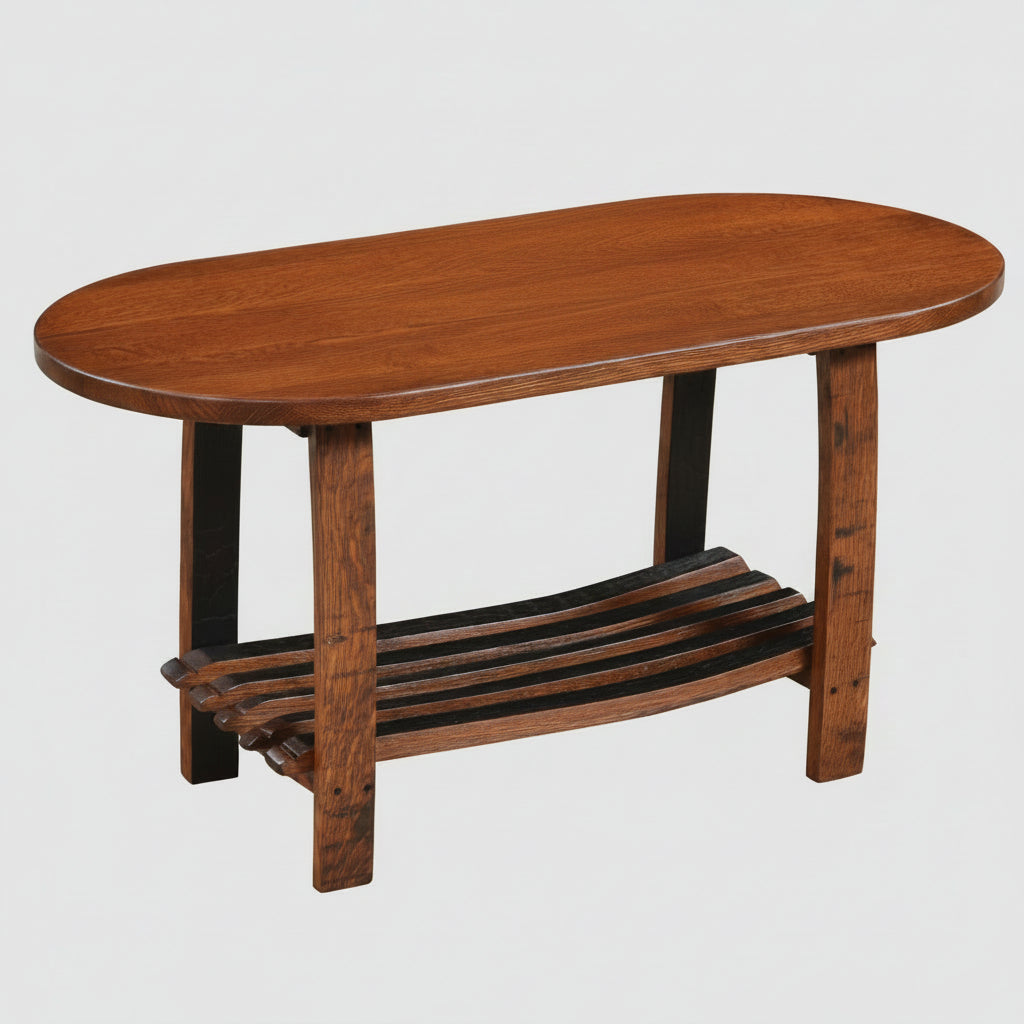 Whiskey Barrel Coffee Table with Stave Shelf Amish Made Front Facing