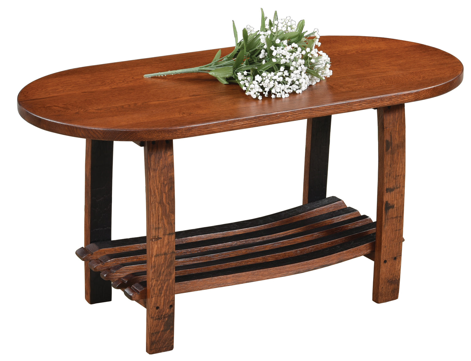 Whiskey Barrel Coffee Table with Stave Shelf Amish Made Front Facing
