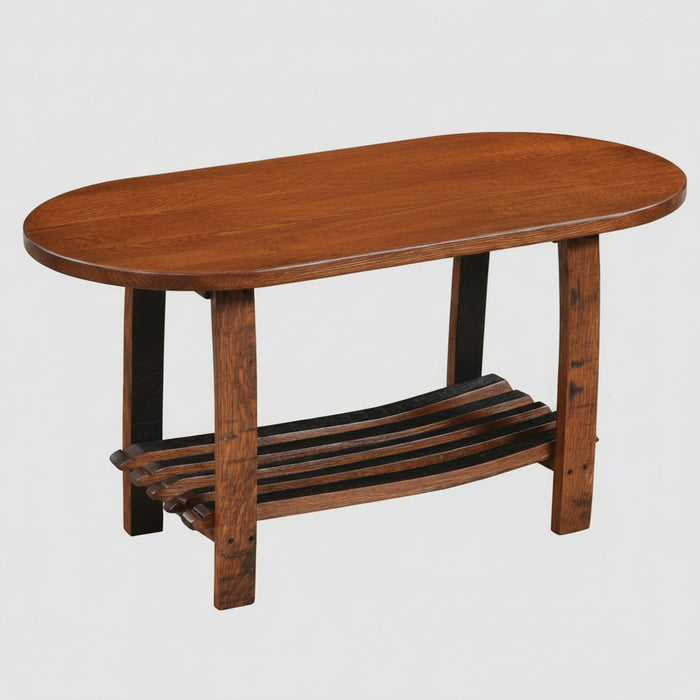 Whiskey Barrel Coffee Table with Stave Shelf Amish Made Front Facing