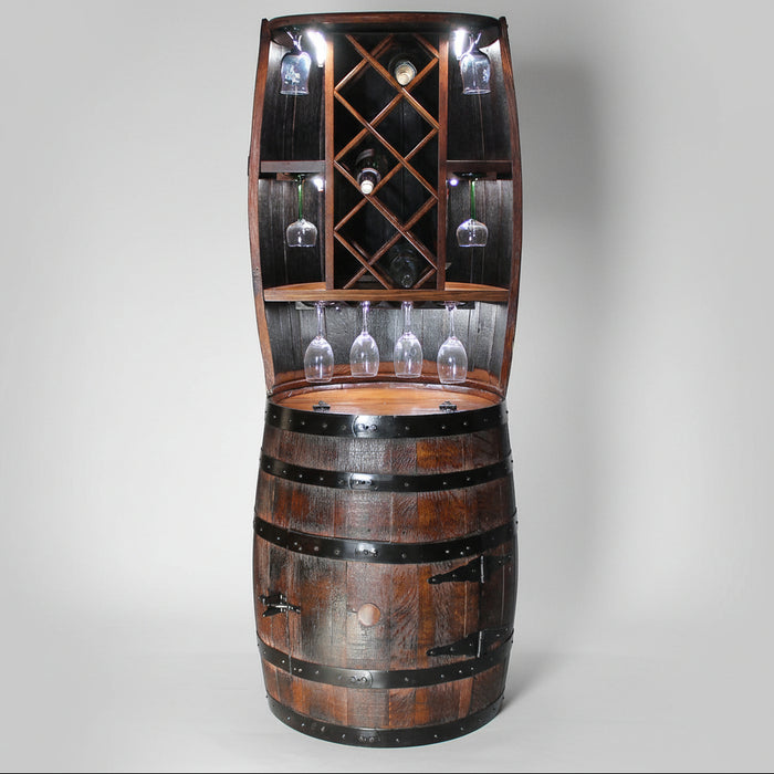 Whiskey Barrel Wine Hutch with LED Lighting, Wine Bottle Storage, Wine Glass Storage Front Facing