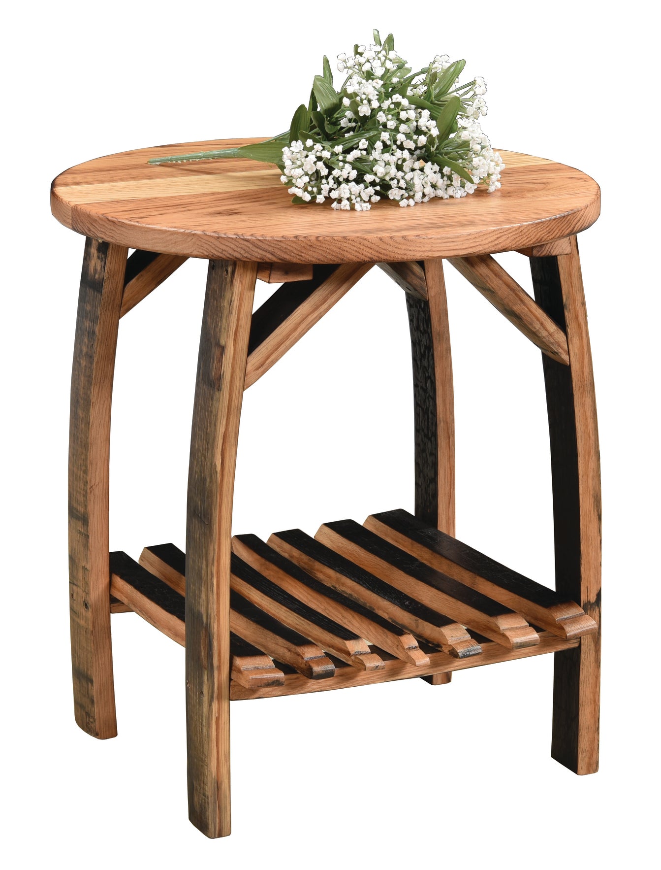 Whiskey Barrel End Table with Stave Shelf Amish Made Front Facing