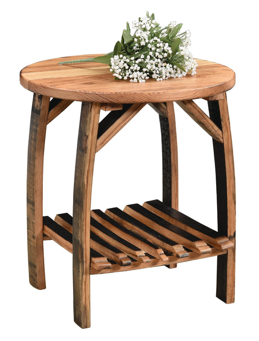 Whiskey Barrel End Table with Stave Shelf Amish Made Front Facing