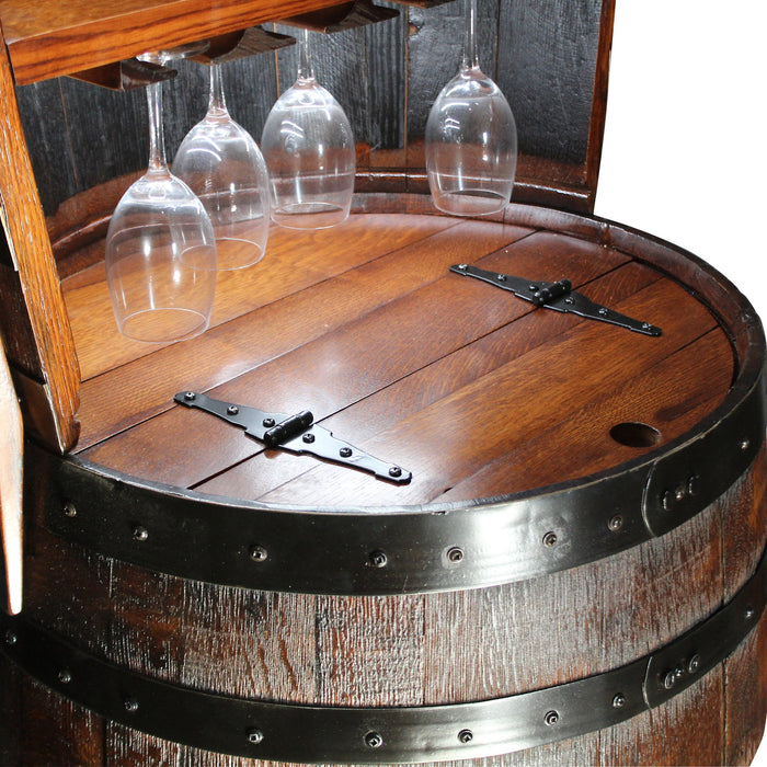 Amish Whiskey Barrel Hutch with LED Lighting Top Open View of Storage Door